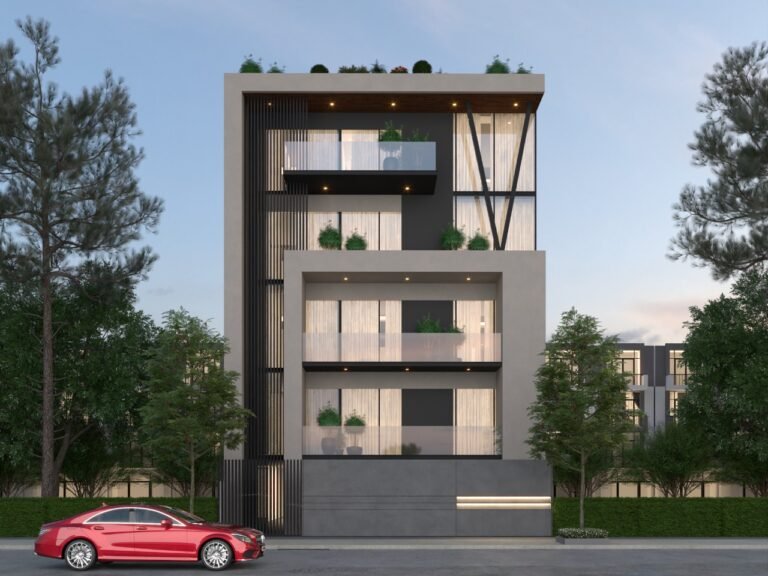 Modern multi-story building at dusk with balconies and a red car parked in front.