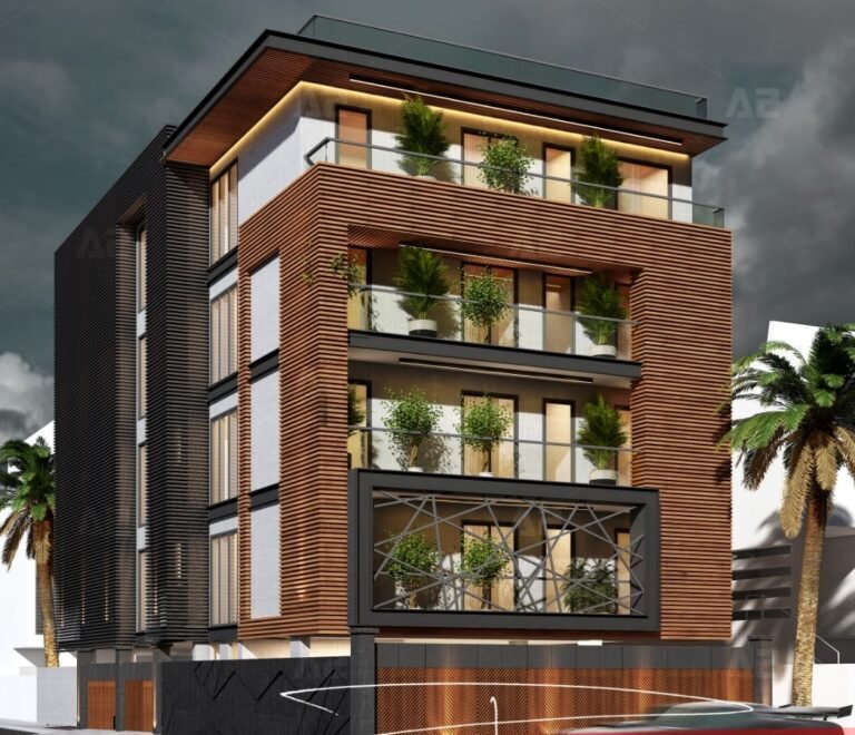 Modern multi-story building with wood paneling, glass balconies and green plants.