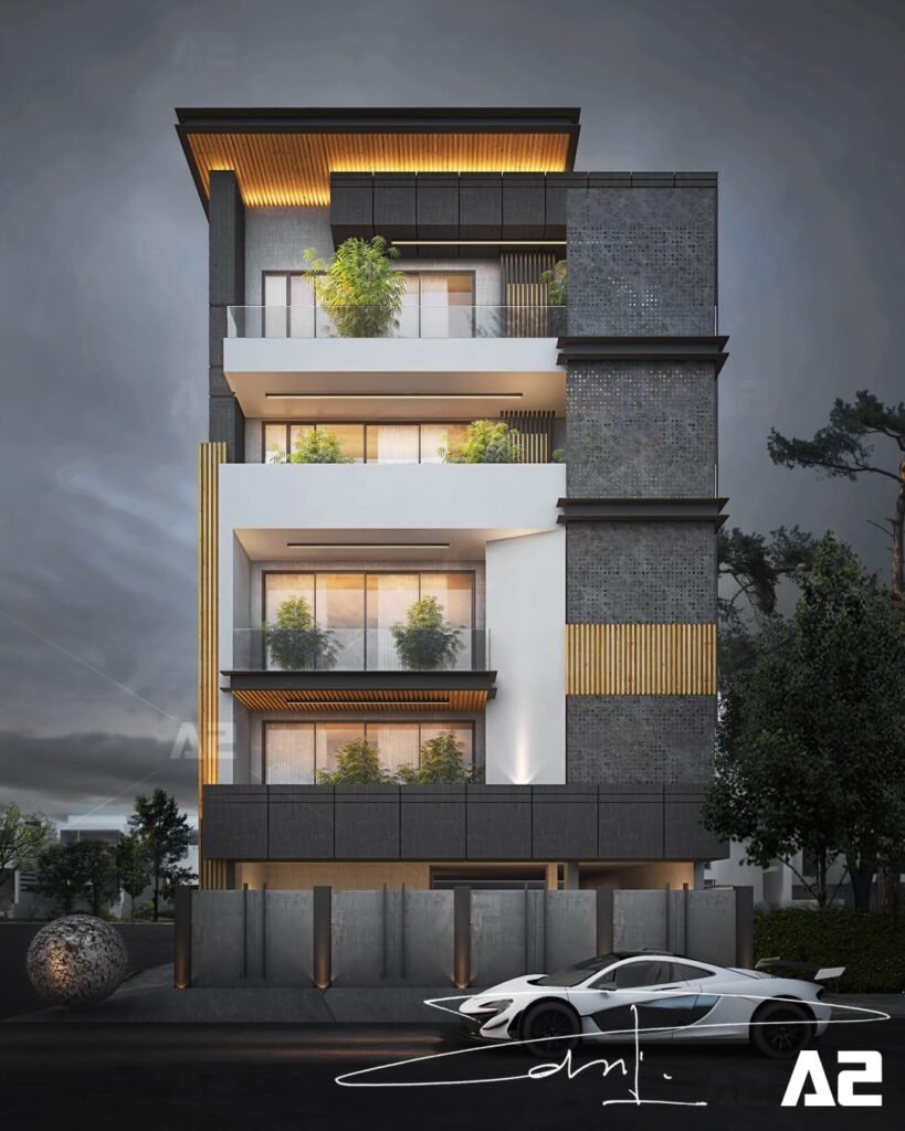 Modern luxury villa exterior design with vertical garden balconies, ambient lighting, and a white sports car parked in front, created by A2 Architects